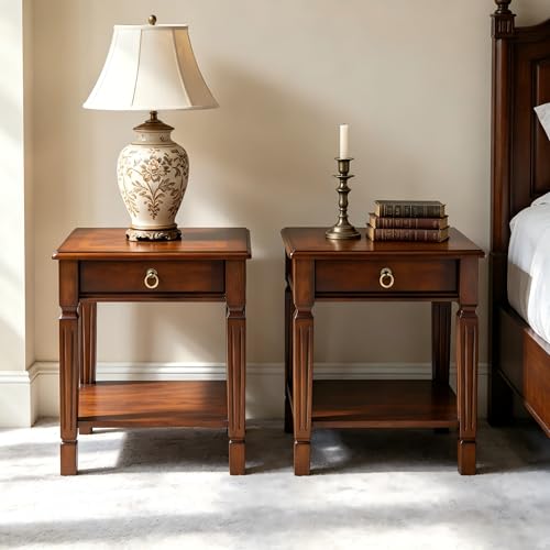 Set of 2 Small End Table with Drawer and Storage Shelf, Traditional Square Sofa Side Table with Straight Carved Legs, 2-Tier Bedside Tables Nightstand in Dark Cherry, 17.7" Dx21.9 H - size: 2PCS