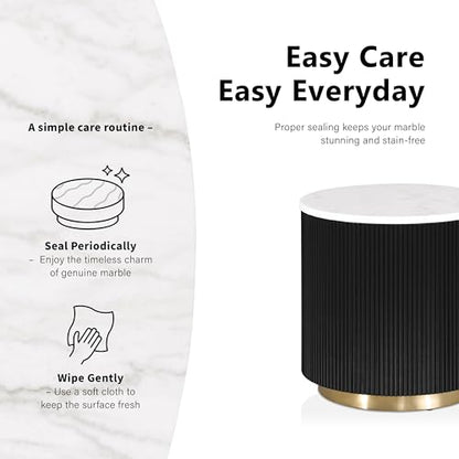 Furniture of America Beryl Modern Round White Genuine Marble Top End Table with Fluted Pedestal Base and Gold Stainless Steel Accent, Low Profile Table for Living Room, Home Office, Black - size: End Table, style: Round