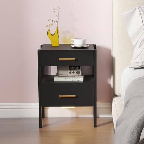 Nightstand with 2 Drawers and Open Shelf Wooden Bedside Table Gold Handles Modern Storage Night Stand Sensor Light for Bedroom, Black - color: Black