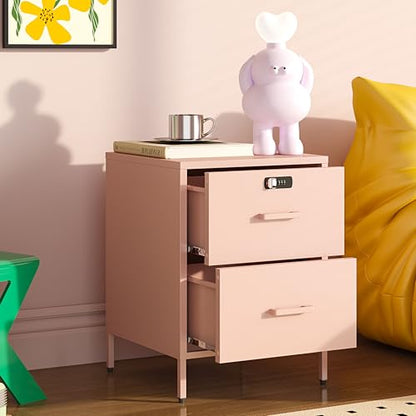 Steehoom Metal Nightstand with Lock, 2 Drawer End Side Table, Lockable Storage Cabinet Kids Cabinet for Living Room, Bedroom, Dorm, 21.26”H X 15.75”W X 15.75”D (2 Drawer, Pink) - color: Pink, style: 2 Drawer