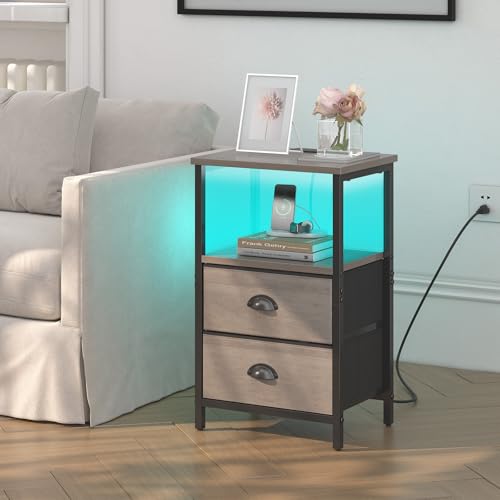 sthmec Nightstand with Charging Station, LED Night Stand Set of 2, Bedside Table End Table with Drawer, Bedroom Tables with 2 Fabric Drawers, 3-Tier Storage Side Table for Bedroom,Grey - color: Grey