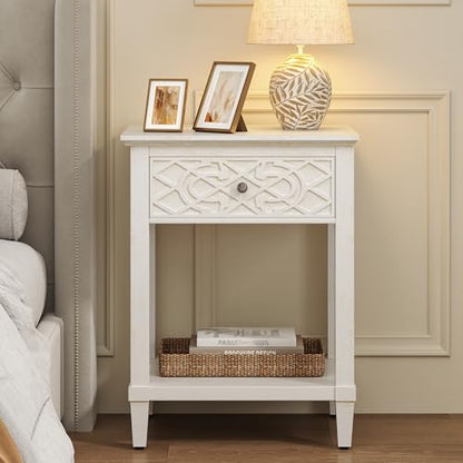 26" Night Stand with Drawers, Painted Bedside Table, Solid Wood Nightstand | Pine Leg and Solid Wood Frame Nightstand, Side Table End Table for Bedroom, Carved Pattern, Distressed White - color: Distressed White