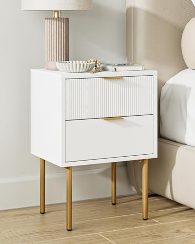 Nightstand,Small Bedside Table with Gold Frame,White Night Stand,Bedside Furniture,Side Table with 2Drawers for Bedroom,Living Room (2Drawers, White) - color: White, style: 2Drawers