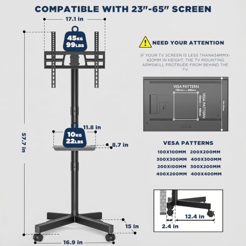 Mobile TV Stand with Tilt & Rolling Wheels, Fits 23–65 Inch LED LCD TVs, Portable TV Cart with Adjustable Media Shelf, Holds 99 lbs (Max VESA 400x400mm) for Living Room, Bedroom, Office - size: Style 4 15"D x 17"W x 57.7"H