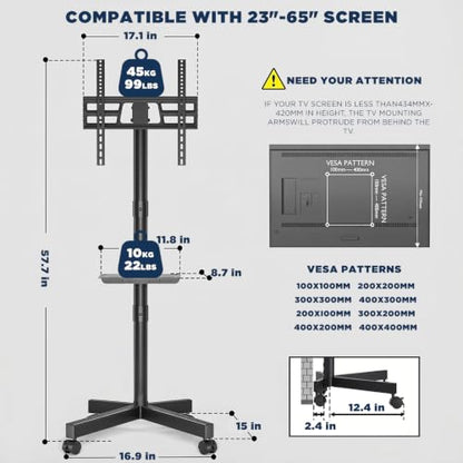 Mobile TV Stand with Tilt & Rolling Wheels, Fits 23–65 Inch LED LCD TVs, Portable TV Cart with Adjustable Media Shelf, Holds 99 lbs (Max VESA 400x400mm) for Living Room, Bedroom, Office - size: Style 4 15"D x 17"W x 57.7"H