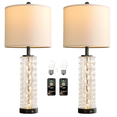 Oneach 27.75” Table Lamps Set of 2, Black Modern Bedside Lamp with LED Night Light, USB A+C, Glass Lamps for Living Room, Bedroom, Nightstand, Office, End Table (2 Bulbs Included) - color: Black - White Shade