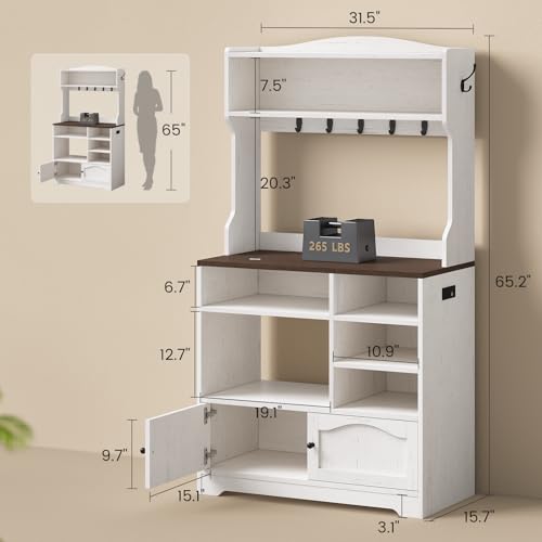 Bakers Rack with Storage and Power Outlet, 31.5 inch Farmhouse Coffee Bar Cabinet, Microwave Stand with Storage Cabinet, 7 Hooks and Curved Design for Kitchen, Coffee Bar, Walnut, White - size: 31.5 in Countertop