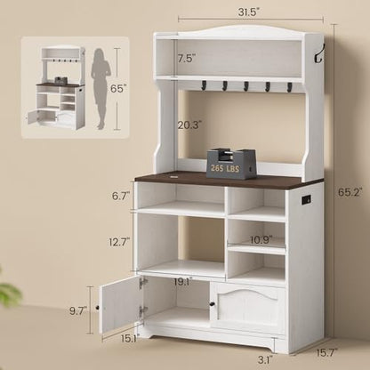 Bakers Rack with Storage and Power Outlet, 31.5 inch Farmhouse Coffee Bar Cabinet, Microwave Stand with Storage Cabinet, 7 Hooks and Curved Design for Kitchen, Coffee Bar, Walnut, White - size: 31.5 in Countertop