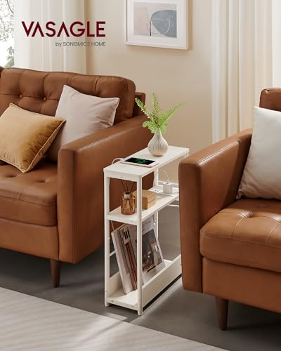 VASAGLE Side Table with Charging Station, Narrow End Table, 3-Tier Nightstand, Sofa Table for Small Spaces, Magazine Rack, for Living Room, Bedroom, Study, Cream White ULET335W01 - color: Cream White
