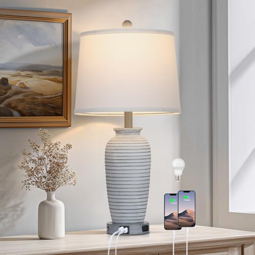 CINSARY 25" Vintage Farmhouse Jar Table Lamps, Single Rustic Bedside Lamp with USB A+C Ports & AC Outlet, Nightstand Lamps for Living Room, Bedroom, End Table, Grey White(LED Bulb Included) - color: Grey White-1 Pack