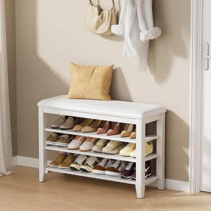 Shoe Bench with 3 Tier Adjustable Shelves Rubberwood Entryway 31.5'' - color: White, size: 31.5''