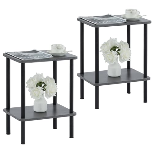 Apicizon End Table Set of 2, Side Table with Solid Wood Legs, Grey | Boho Bedside Table with Storage Shelf, Small Nightstand for Small Spaces, Bedroom, Living Room, Entryway, Easy Assembly - color: Grey, size: 2 Set, style: 2 Tier