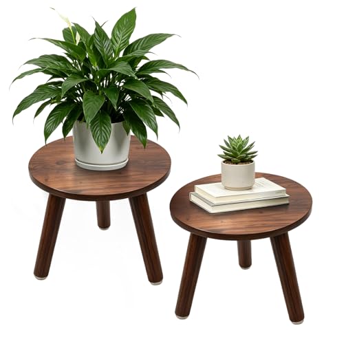 2-Pack Mid Century Plant Stand for Indoor Plants, Modern Wood Flower Pot Holder Stand for Living Room, Decorative Small Round Side Table for Balcony, Patio, Office, 8.9” High, Walnut - color: Walnut, size: 8.9"