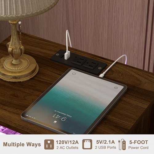 JOONEE Nightstand with Outlet and Led Light, Bedside Table with Storage Drawer, Fluted Side Table for Living Room, Bedroom - color: Walnut Brown