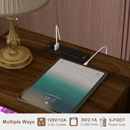 JOONEE Nightstand with Outlet and Led Light, Bedside Table with Storage Drawer, Fluted Side Table for Living Room, Bedroom - color: Walnut Brown
