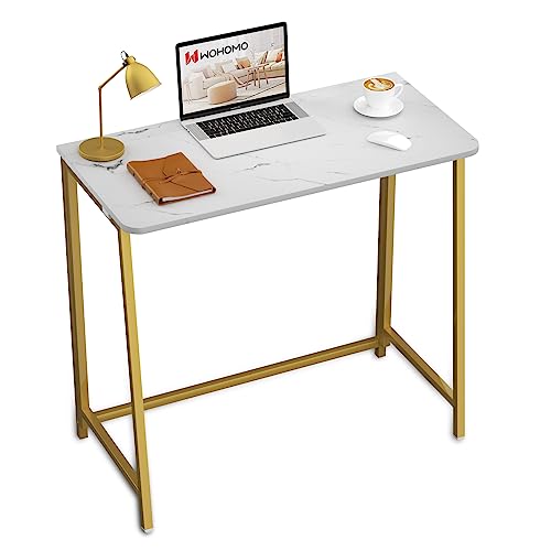 WOHOMO White Faux Marble Folding Desk, 31.5" Small Desk for Small Spaces with Gold Legs, Easy Assemble Foldable Computer Desk, Mini Portable Working Table for Home Office, White and Gold - color: White and Gold, size: Small Size:31.5 x 15.7