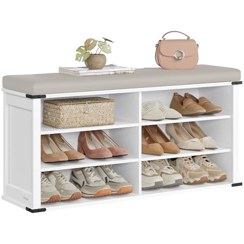 VASAGLE LIRY Collection - Shoe Storage Bench with Removable Cushion, Shoe Rack with Padded Seat, Entryway Bench with 6 Open Compartmens, Adjustable Shelves, Cloud White ULSB105W01 - color: Cloud White, size: 12.2"D x 40.2"W x 20"H