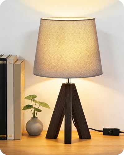 Tripod Table Lamp, 14.6" Small Bedside Lamp, Modern Nightstand Lamp with Gray Shade & Dark Walnut Base, Boho Desk Lamp for Bedroom, Kids Room, Living Room, Study, E26 Socket, VH51TL05 - color: Gray+Dark Walnut