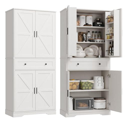 Garvee 71" Kitchen Pantry Cabinet, Barn Door Freestanding Cupboard with Drawer, Sliding Storage Rack, and 6 Hanging Shelves for Kitchen, Dining Room, Living Room Bedroom - color: White
