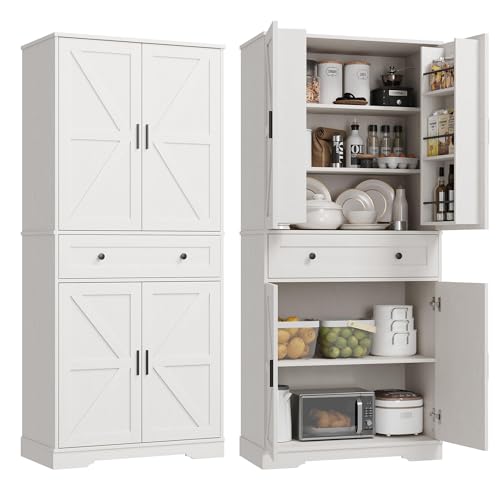 Garvee 71" Kitchen Pantry Cabinet, Barn Door Freestanding Cupboard with Drawer, Sliding Storage Rack, and 6 Hanging Shelves for Kitchen, Dining Room, Living Room Bedroom - color: White