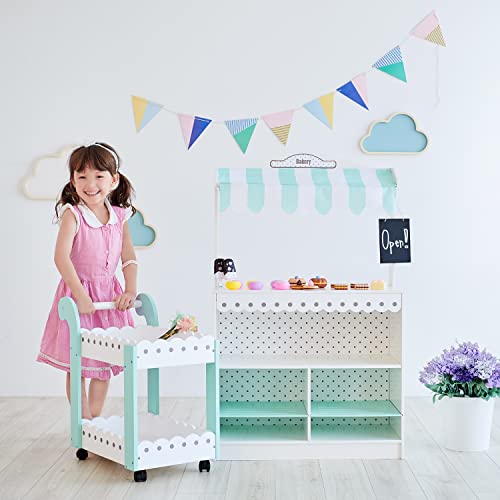 Teamson Kids My Dream Bakery Shop Dessert Stand and Rolling Pastry Cart Interactive Wooden Play Set with 18 Pretend Baked Goods, White and Mint Green with Gray Polka Dot Accents - style: Bakery Shop Dessert Stand