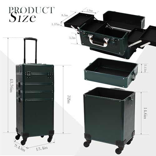 Particle Rolling Makeup Train Case Professional Cosmetic Trolley Large Storage Organizer with Key Swivel Wheels Salon Barber Case - New Green (Extra Portable Cosmetic Bag, Green) - color: Green