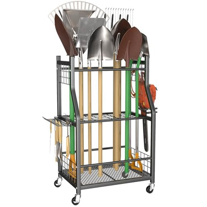 WALMANN Garden Tool Organizer with Wheels for Garage, Rakes/Shovels/Yard Tools Storage Stand for Garden, Shed, Indoor/Outdoor Long-Handled Tools Rolling Cart - style: Medium-stand