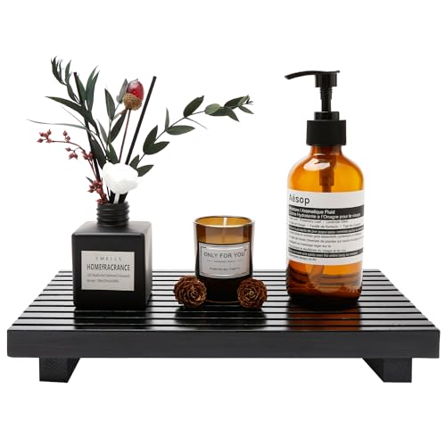 Black Wood Riser Display Stand for Bathroom Organizer Tray Kitchen Counter Decor Sink Accessories Decorative Wooden Pedestal for Kitchen Soap Tray Vanity Bathroom Counter Decor Dish Soap Holder - color: Black, size: 12" x 7" x 1.6"