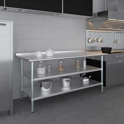 AmGood Stainless Steel Work Table with 1.5" Backsplash and 2 Shelves | Metal Kitchen Food Prep Table | NSF (72" Long x 30" Deep) - size: 72" Long x 30" Deep