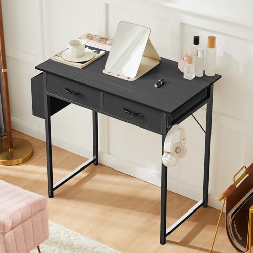 OLIXIS 32 Inch Small Desk, Computer Desk, Home Office | Fabric Drawers, Side Bag, Headphone Hook, Writing Study Work Table, Bedroom, Sleek Black - color: Sleek Black, size: 32 in