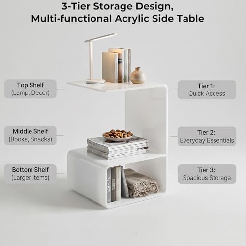 Acrylic End Table, 21.6" H C-Shaped End Table, Side Table for Living Room, Bedside Table for Bedroom, Acrylic Clear C Side Table (White) - color: White