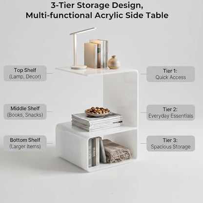 Acrylic End Table, 21.6" H C-Shaped End Table, Side Table for Living Room, Bedside Table for Bedroom, Acrylic Clear C Side Table (White) - color: White