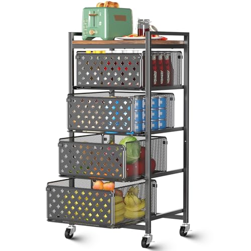 5 Tier Kitchen Storage Cart with Wheels, Utility Fruit Vegetable Storage Rack Stand with Pull-Out Baskets & Wood Top, Metal 4-Drawers Rolling Snack Cart, Kitchen Cart for Potato Onion(Black) - color: Black