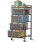 5 Tier Kitchen Storage Cart with Wheels, Utility Fruit Vegetable Storage Rack Stand with Pull-Out Baskets & Wood Top, Metal 4-Drawers Rolling Snack Cart, Kitchen Cart for Potato Onion(Black) - color: Black
