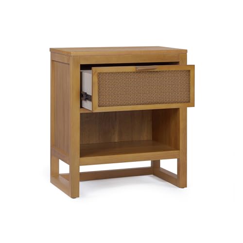 Teamson Home Hatteras 20" W Nightstand with 1 Deep Drawer and Open Shelf Storage in Coastal Modern Style, Ball Bearing Glides, Pine Wood Frames and MDF with Rattan, Natural Finish | 1 Deep Drawer, Open Shelf Storage, Coastal Modern Style, Pine Wood & MDF