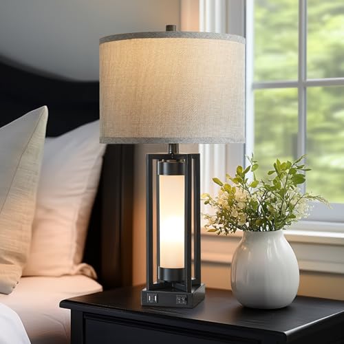 Set of 2 Modern Table Lamps for Living Room with USB C+A Ports | Rustic Nightstand Lamp with White Night Light, Retro Desk Lamp for Bedroom End Table Entryway, 4 Bulb Included (Black) - color: Black