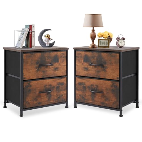 DUMOS Nightstand Set of 2, Small Dresser with 2 Fabric Drawers, End Table | Bedroom Kids Bedside Storage Furniture for 25 inch Tall Night Stand, Dorm, Rustic Brown - color: Brown, size: 2 Pack