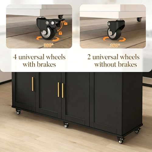 59" Rolling Kitchen Island Cart with Storage, Drop Leaf, Black | Mobile Prep Table with 2 Cabinets, Drawer & Trash Bin, All-in-one Counter Space Saver for Small Kitchens
