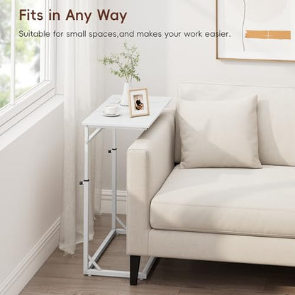 Vagusicc C Shaped End Table with Charging Station, C-Table End Table Adjustable Height Side Table for Couch, Large Couch Table, Slide Under Sofa Table TV Tray Arm Table for Living Room, Bedroom, White - color: White, style: With Plug