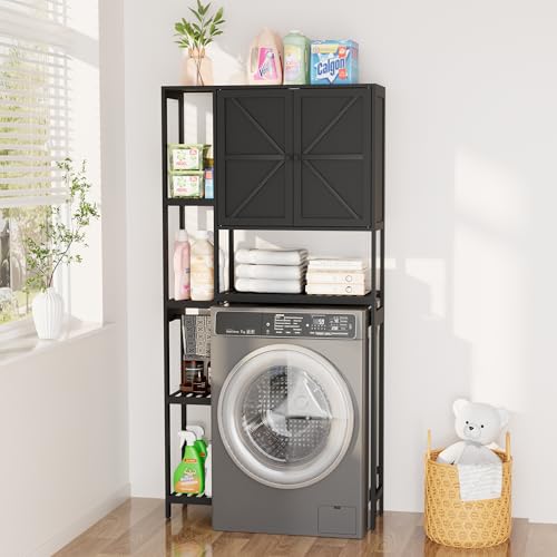 Bamboo Over The Toilet Storage, Above Toilet Organizer Storage Shelf Stand, Tall Freestanding Behind Toilet Rack, Tiered Bathroom Space Saver Shelving, Easy Assembly (Black) - color: Black