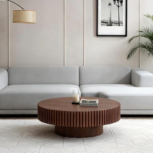 Coffee Table Modern Wood Round Fluted, Ø31.5'' X 13.8''H Small Space Brown Circular Drum Coffee Tables Circle Fluted Center Living Room Drum Tea Accent Apartment Home Furniture Easy Assembly Walnut - color: 31.49 Walnut 2026