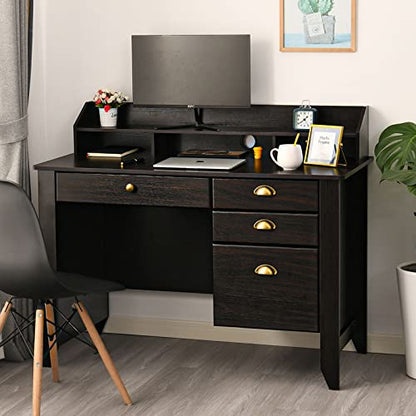 Catrimown Home Office Desk with Drawers and Hutch, Small Computer Desk with File Drawers, Writing Study Teens Student Desk for Bedroom, Student Girls Desks with Storage Shelves, Espresso Brown - color: Espresso Brown