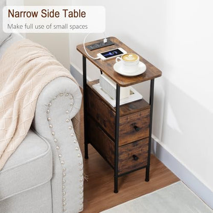 LOAKEKEL Narrow Nightstand with Charging Station, End Tables Living Room Set of 2, Skinny Side Table with Fabric Drawers, Slim Sofa Table for Bedroom, Small Spaces, Couch, Rustic Brown, HETNDP02PBR - color: Rustic Brown, style: Power