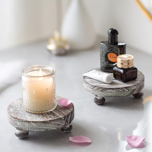Romadedi Farmhouse Wood Riser for Display- 4 pcs Rustic Decor Mini Wooden Pedestal Stand Decorative Round Tray for Home Table Bathroom Counter Shelf Kitchen, Whitewash - color: Whitewashed, size: 4 PCS