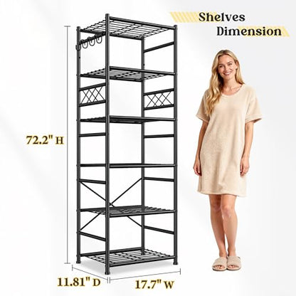 DurayLoly Storage Shelves 6-Tier Metal Shelving Unit with Hooks,Heavy Duty Garage Shelving with Leveling Feet,High Standing Shelf Organizer for Kitchen Pantry Bathroom Dorm,17.7”W×11.8”D ×72.2”H,Black - size: 17.7" W x 11.81" D x 72.2" H (6T)