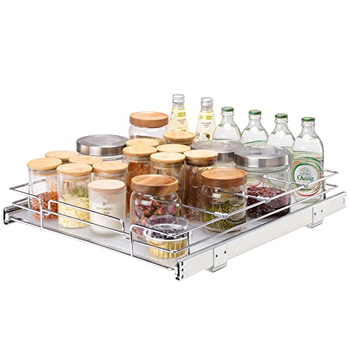 VEVOR 15.5" Wx21 Dx3.5 H Pull Out Cabinet Organizer, Heavy Duty Slide Out Pantry Shelves, Chrome-Plated Steel Roll Out Drawers, Storage for Home Under Sink, 17" Wx22 Dx7 H Install Size for Cabinet - size: 15.5"Wx21"D