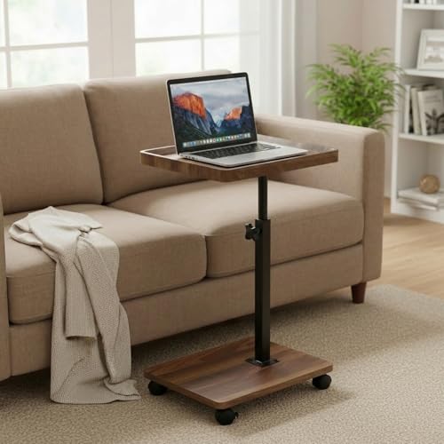 Simcat C Table End Table Adjustable Height, 360° Swivel TV Tray Table for Small Spaces, Couch Tables that Slide Under, C Shaped End Tables with Wheels for Couch Living Room Bedside TV(Walnut) - color: Walnut