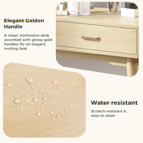 FUNKOCO Small Wood Desk with Drawers - 40 Inch Home Office Study Writing Desk for Bedroom, Vanity Desk with 4 Solid Legs, Modern Computer Desk for Small Spaces - color: Wood