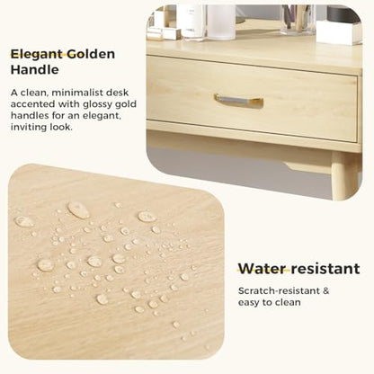 FUNKOCO Small Wood Desk with Drawers - 40 Inch Home Office Study Writing Desk for Bedroom, Vanity Desk with 4 Solid Legs, Modern Computer Desk for Small Spaces - color: Wood