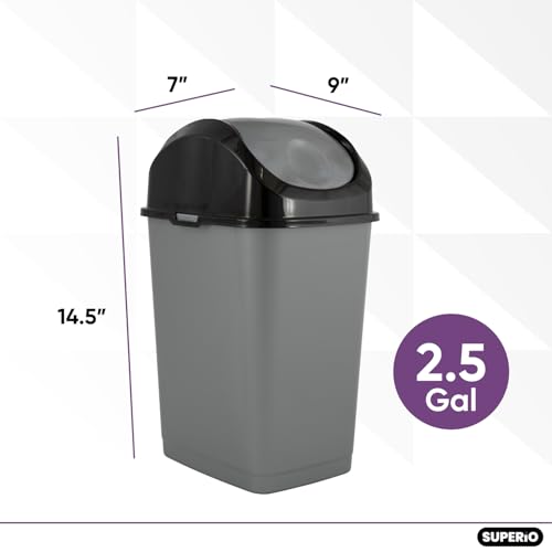 Superio Small 2.5 Gallon Plastic Trash Can with Swing Top Lid, Compact Slim Waste Bin for Under Desk, Office, Bedroom, Bathroom, Dorm Room, 10 Qt. Portable Garbage Can (Grey/Black, 2 Pack) - size: 2.5 Gallon
